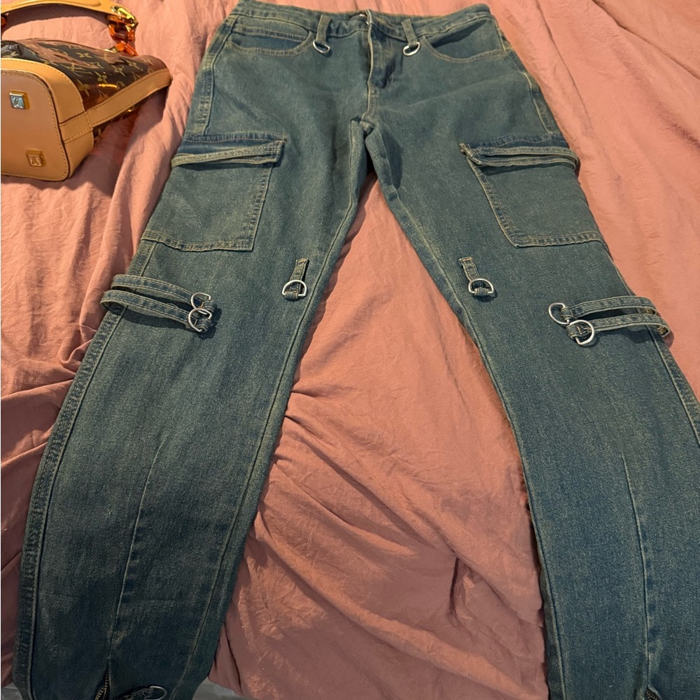 Fashion Nova  Girls Ring of Fire Cargo Jeans Blue